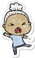 distressed sticker of a cartoon angry old woman png