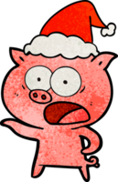 hand drawn textured cartoon of a pig shouting wearing santa hat png