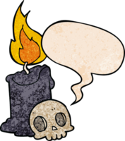 cartoon skull and candle with speech bubble in retro texture style png