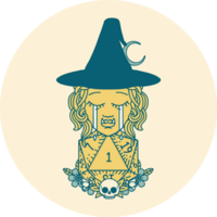 Retro Tattoo Style sad half orc witch character with natural one D20 roll png