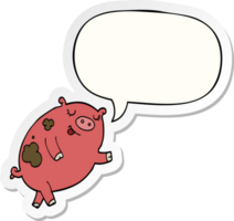 dessin animé dansant porc avec discours bulle autocollant png