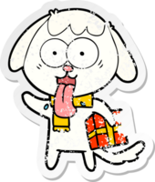 vinheta angustiada de um cachorro fofo de desenho animado com presente de natal png