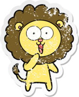 distressed sticker of a happy cartoon lion png