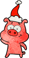 happy hand drawn textured cartoon of a pig wearing santa hat png