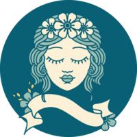 tattoo style icon with banner of a maidens face png