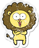 distressed sticker of a happy cartoon lion png