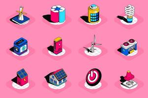 Energy and alternative sources 3d isometric icons set. Pack elements of wind turbine, battery, light bulb, generator, station, solar panel and others. illustration in modern isometric design vector