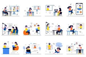 conference concept with tiny people scenes set in flat design. Bundle of men and women talking with friends and discussing with colleagues online at chat. illustration for web vector
