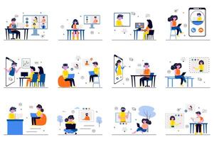 conference concept with tiny people scenes set in flat design. Bundle of men and women talking with friends and discussing with colleagues online at chat. illustration for web vector