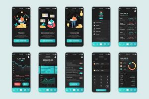 Crypto exchange concept screens set for mobile app template. People trade cryptocurrency, analyze and manage accounts. UI, UX, GUI user interface kit for smartphone application layouts. design vector