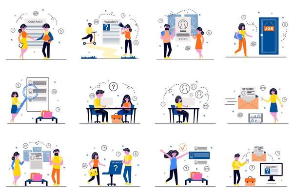 Recruitment concept with tiny people scenes set in flat design. Bundle of men and women look for job, send resume a vacancy to company, manager searching for new employees. illustration for web