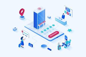 Booking 3d isometric web design. People go on vacation to travel and book hotel apartments using mobile application with rating, online payment service and location tracking. web illustration vector