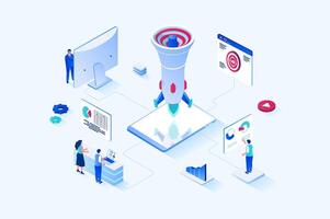 Digital marketing 3d isometric web design. People create promo content and make advertising campaigns for businesses and startups, targeting and attracting clients, e-commerce. web illustration vector