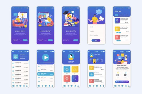 Education concept screens set for mobile app template. People learning at online courses, remote study at school. UI, UX, GUI user interface kit for smartphone application layouts. design
