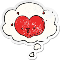 cartoon happy love heart with thought bubble as a distressed worn sticker png