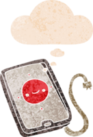 dessin animé mobile téléphone dispositif avec pensée bulle dans grunge affligé rétro texturé style png