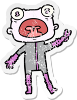 distressed sticker of a cartoon weird alien waving png