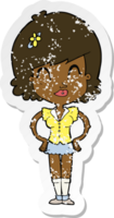 retro noodlijdende sticker van een cartoon gelukkige vrouw png