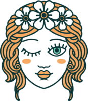 iconic tattoo style image of a maidens face winking png