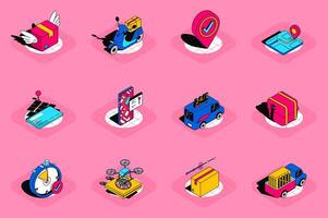 Delivery 3d isometric icons set. Pack elements of fast shipping, parcel, online tracking map, transport, flying drone, logistic, storage and others. illustration in modern isometric design vector