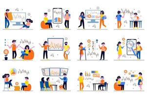 Stock market concept with tiny people scenes set in flat design. Bundle of men and women analyzing data at stock market, planning investing, buying and selling at exchange. illustration for web vector
