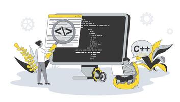computadora programación concepto en plano diseño con gente. hombre y mujer escribir código y guiones, trabajo con programación idiomas, crear software. ilustración con personaje escena para web bandera vector