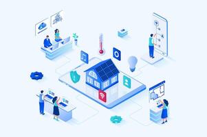 Smart home 3d isometric web design. People monitor and control sensors in house from mobile application, set up sensors for temperature, lighting, security systems and other. web illustration vector