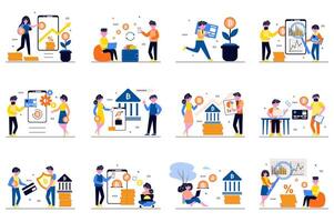 Cryptocurrency market concept with tiny people scenes set in flat design. Bundle of men and women buy and sell bitcoins, invest in crypto money, analyze online exchanges. illustration for web vector