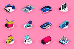 Music 3d isometric icons set. Pack elements of headphones, equalizer, song player, drum, microphone, piano, radio, musical speaker, karaoke and others. illustration in modern isometric design vector