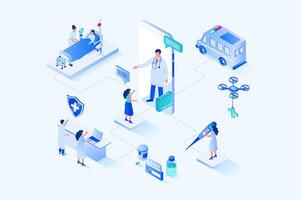 Medicine 3d isometric web design. People receive online consultation with doctor, make appointment at clinic reception, receive therapy in ward, treatment and healthcare. web illustration vector