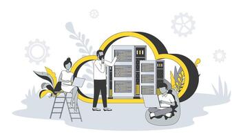 Cloud computing concept in flat design with people. Man and woman using laptops for downloading files from cloud storage, working with database. illustration with character scene for web banner vector