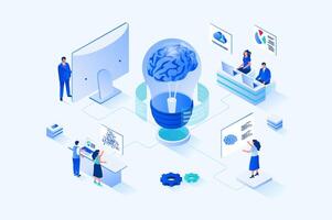 Brainstorming 3d isometric web design. People discuss and find solution to problem, generate creative ideas and improve business projects, work in team at meeting in office. web illustration vector