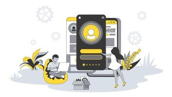 ui ux diseños diseño concepto en plano diseño con gente. hombre y mujer crear usuario interfaz en móvil pantalla y optimizar lugares de botones. ilustración con personaje escena para web bandera vector