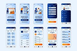 Crypto exchange concept screens set for mobile app template. People analyze cryptocurrency data and investing money. UI, UX, GUI user interface kit for smartphone application layouts. design vector