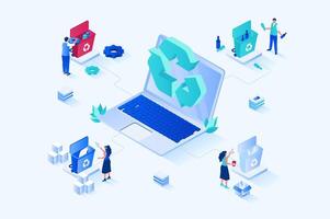 Waste management 3d isometric web design. People collect and sort garbage into bins for plastic, paper, glass, organic and other waste, recycle and reuse, protect environment. web illustration vector