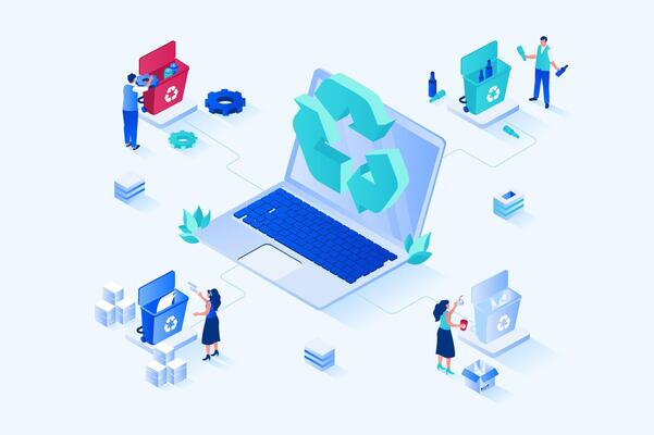 Waste management 3d isometric web design. People collect and sort garbage into bins for plastic, paper, glass, organic and other waste, recycle and reuse, protect environment. web illustration