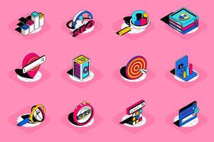 Seo optimization 3d isometric icons set. Pack elements of traffic, rating, network, target, keyword page ranking, data analytics, strategy and others. illustration in modern isometric design vector