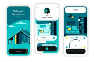 Smart home concept onboarding screens. Remote control of temperature sensors, energy, security system in app. UI, UX, GUI user interface kit with flat people scene. illustration for web design vector