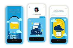 Cloud technology concept onboarding screens. File upload, online transfer, backup and secure server storage. UI, UX, GUI user interface kit with flat people scene. illustration for web design vector