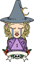 Retro Tattoo Style crying elf mage character with natural one dice roll png
