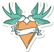 sticker of tattoo in traditional style of swallows and a heart with banner png