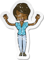 retro distressed sticker of a cartoon pretty woman with hands in air png