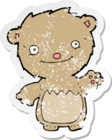 retro distressed sticker of a cartoon waving teddy bear png