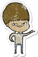 distressed sticker of a cartoon angry boy png