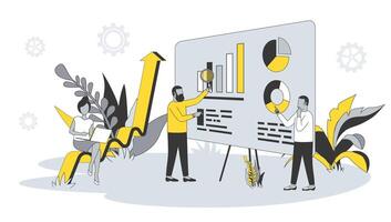 Analytics concept in flat design with people. Men and woman analyzing and researching business data, work with financial graph at dashboard. illustration with character scene for web banner vector
