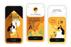 Design studio concept onboarding screens. Create artwork and content in designer agency, creative projects. UI, UX, GUI user interface kit with flat people scene. illustration for web design vector