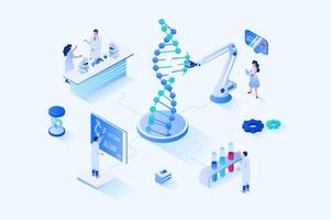 Medical laboratory 3d isometric web design. People scientists explore molecular structure of dna on modern laboratory equipment, researchers do tests and chemical experiments. web illustration vector