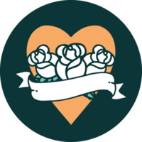 image emblématique de style tatouage d'un coeur et d'une bannière avec des fleurs png