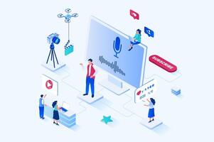 Blogging 3d isometric web design. People watch videos and subscribe to digital content, blogger recording and publishes videos on his channel, communicates with audience. web illustration vector