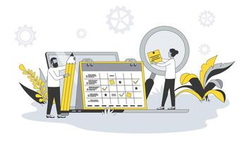 planificación concepto en plano diseño con gente. hombre y mujer calendario equipo en calendario, marca Tareas en lista y organizar oficina flujo de trabajo. ilustración con personaje escena para web bandera vector